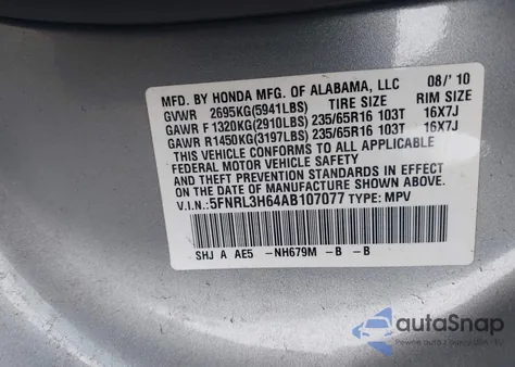 2010 Honda Odyssey Ex-L z USA, uszkodzony, nr VIN 5FNRL3H64AB107077